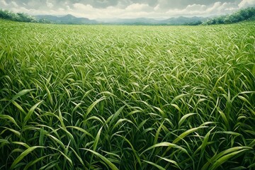 Fototapeta premium A lush, green field of grass stretches towards distant mountains under a cloudy sky, creating a serene and natural landscape