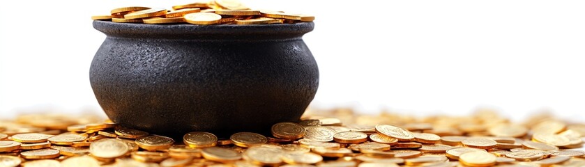 Black pot overflowing with gold coins, isolated on white