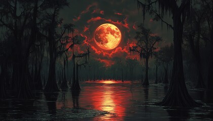 A haunting landscape showcasing a vivid red moon illuminating the dark swamp, reflecting over the still water at night.
