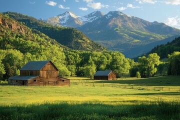 Scenic view of a tranquil rural landscape featuring rustic barns, lush greenery, and majestic mountains under a clear blue sky - Powered by Adobe