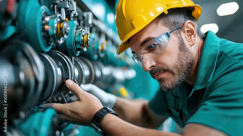 Poster a worker wears a yellow helmet and safety goggles while intently examining components of a large mac