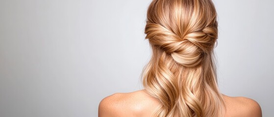 Naklejka premium The back of a woman's head shows long, golden blonde hair in a half-up, half-down braid