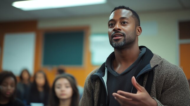 Engaging speaker in a classroom, sharing valuable insights and inspiring students with dynamic presentation skills.