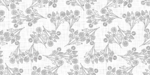 Fototapeta premium Seamless french taupe floral farmhouse linen printed fabric background. Light mottled grey cottage pattern. Shabby chic woven 2 tone cloth effect. Textile rustic organic ecru neutral all over print.