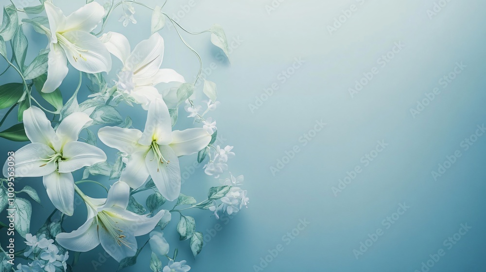 Sticker White lilies and green leaves on a blue background.