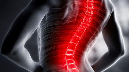 A person experiencing back pain, with a glowing red spot on the lower back, indicating the source of pain