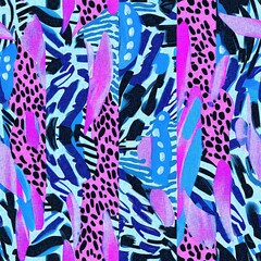 Naklejka premium Fun girly camouflage pattern in vibrant stripes and spotted seamless design . Modern skin texture patched effect for festival and beach wear style in repeat .