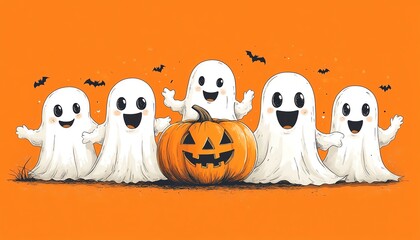 Obraz premium Cheerful ghosts gather around a jack-o'-lantern against a vibrant orange backdrop, perfect for Halloween-themed designs.