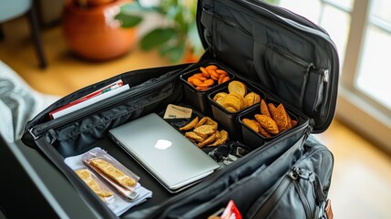 Organized Travel Luggage with Electronics and Snacks