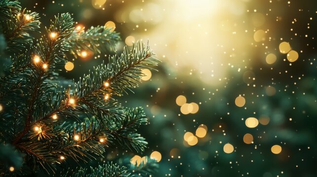 A close-up of a pine branch adorned with warm lights, creating a festive and cozy atmosphere against a soft bokeh background with hints of snowfall