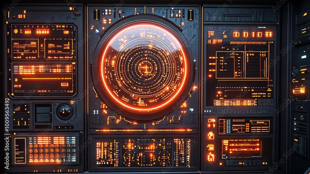 Poster this space features a high-tech control room filled with glowing displays and detailed panels, creat