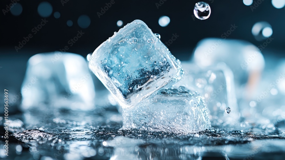 Poster dynamic photograph of ice cubes in motion, highlighted by a dramatic splash of water that captures e