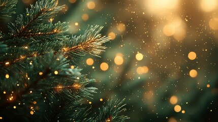 A close-up of evergreen branches adorned with soft, glowing lights and sparkling dust, creating a warm and festive atmosphere
