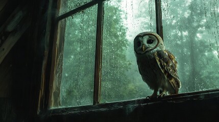   An owl perched atop a wet window sill, surrounded by droplets glistening on the glass
