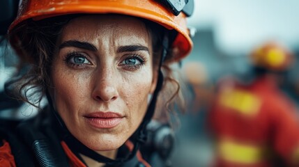 A striking portrait of a firefighter wearing safety gear and helmet, showcasing resilience and determination in the face of challenging environments.