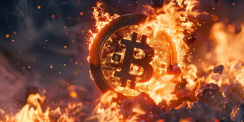 A Bitcoin coin engulfed in flames and surrounded by embers, symbolizing cryptocurrency market volatility
