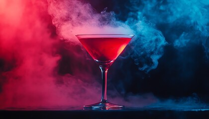 Vibrant cocktail in a martini glass, surrounded by colorful smoke effects creating an enticing atmosphere.