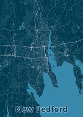 Detailed street map of New Bedford, Massachusetts. The map is rendered in a minimalist style with white lines representing roads and waterways against a dark blue background.