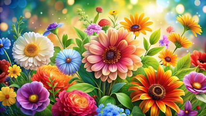 Fototapeta premium Vibrant Floral Vector Art Featuring Colorful Flowers and Leaves for Creative Design Projects