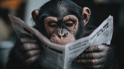 A chimpanzee is deeply absorbed in reading a newspaper, depicting an unusual yet striking visual with bright attention focused on the printed words.