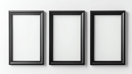Three empty black frames on a white wall, perfect for showcasing art or photos in a modern decor setting.
