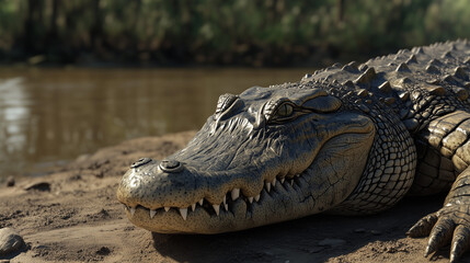 Fototapeta premium Photorealistic crocodile resting with calm expression near a riverbank 