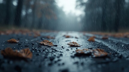 A captivating scene of fallen leaves scattered across a wet road, set in a misty forest. The serene atmosphere evokes a sense of tranquility and melancholy.