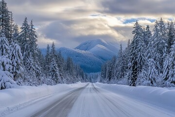 Obraz premium A serene winter landscape featuring a snow-covered road flanked by tall evergreen trees.