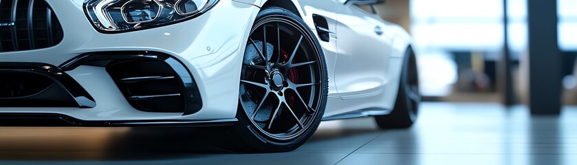 Close-up view of a sleek white luxury car showcasing its stylish rim and modern design in a well-lit interior.
