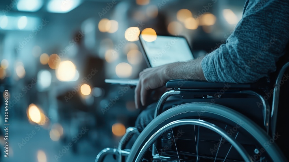 Poster the image shows a person in a wheelchair using a laptop in a blurred office setting, highlighting in