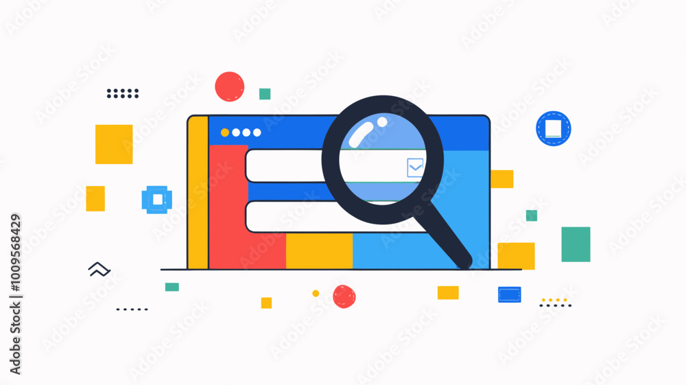 Poster flat design search engine concept with magnifying glass and colorful web elements for digital market