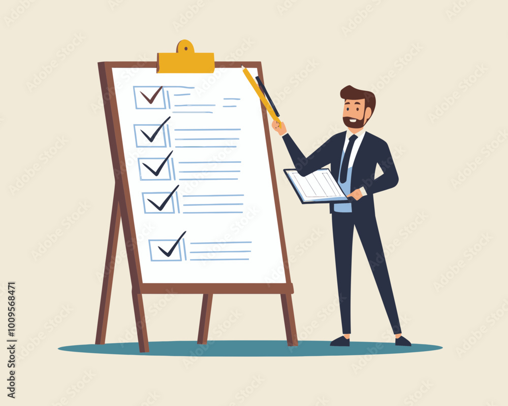 Poster businessman presenting project action plan with step-by-step checklist on whiteboard, flat minimalis