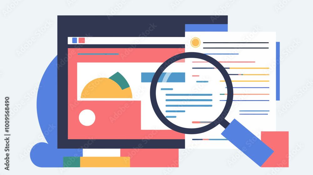 Poster seo optimization concept vector illustration with magnifying glass, graphs and analysis on browser w