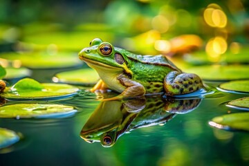 Fototapeta premium Vibrant Frog Relaxing on a Green Lilypad in a Calm Pond Surrounded by Lush Nature and Reflections