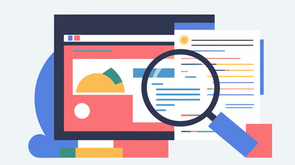 SEO Optimization Concept Vector Illustration with Magnifying Glass, Graphs and Analysis on Browser Window for Digital Marketing and Search Engine Optimization Strategies