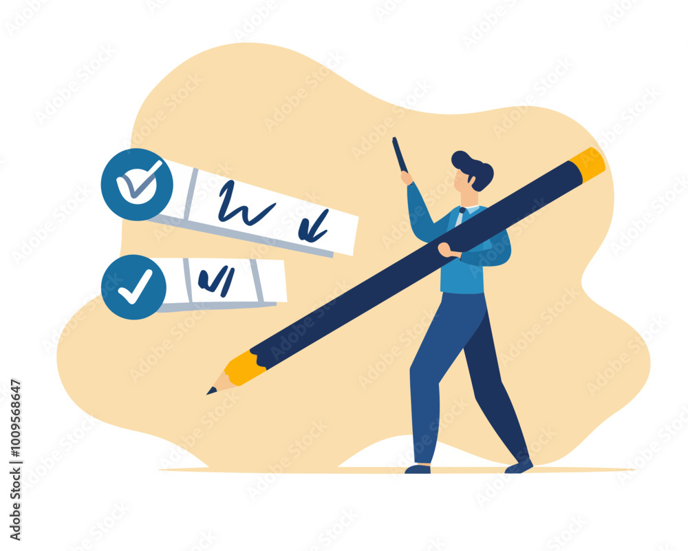 Poster businessman managing project progress checklist with big pencil in flat minimalist style for project
