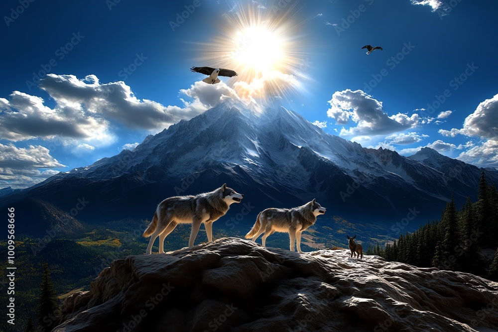 Poster interactive 3d digital scene of a mountain landscape, where users can explore and observe wolves, de