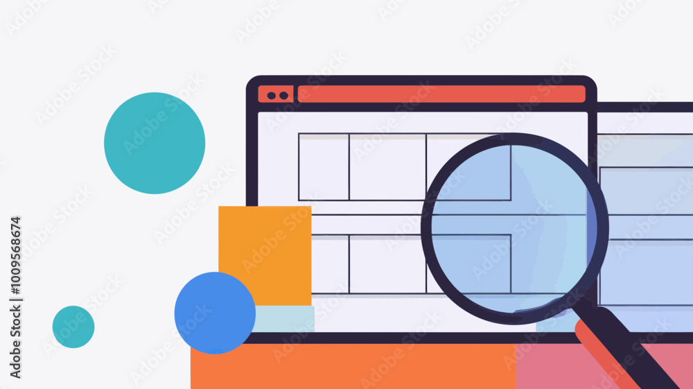 Poster seo search results optimization concept - analyzing website performance with magnifying glass - vect