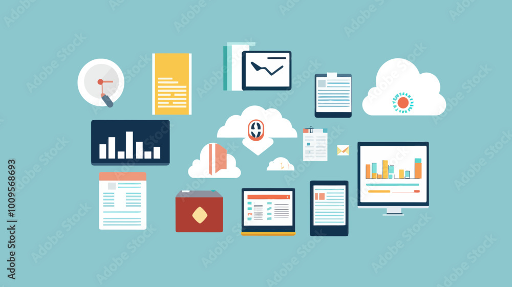 Poster modern cloud computing technology service concept with web data storage, business document access, i
