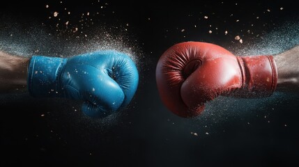 A dramatic scene featuring a red and a blue boxing glove meeting at the center with particles flying off, symbolizing a clash or confrontation. Captures action and intensity.