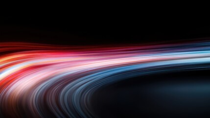 Naklejka premium A series of light trails in red, blue, and pink streak across a black background, forming dynamic and smooth curves. Represents speed, motion, and modern technology.