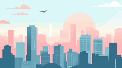 Naklejka premium Modern Urban Skyline at Sunset Vector Illustration - Vibrant Cityscape Silhouette with Soaring Birds, Flat Design for Architectural and Graphic Resources