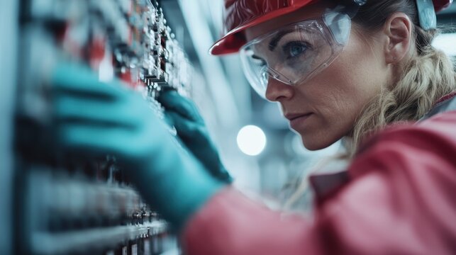 An engineer skillfully adjusts knobs on a modern control panel while wearing appropriate safety gear, reflecting diligence and a high level of technical know-how.