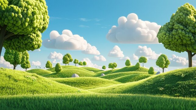 A 3D cartoon-style landscape featuring vibrant green rolling hills, stylized trees, and fluffy clouds against a bright blue sky, creating a whimsical and playful scene.