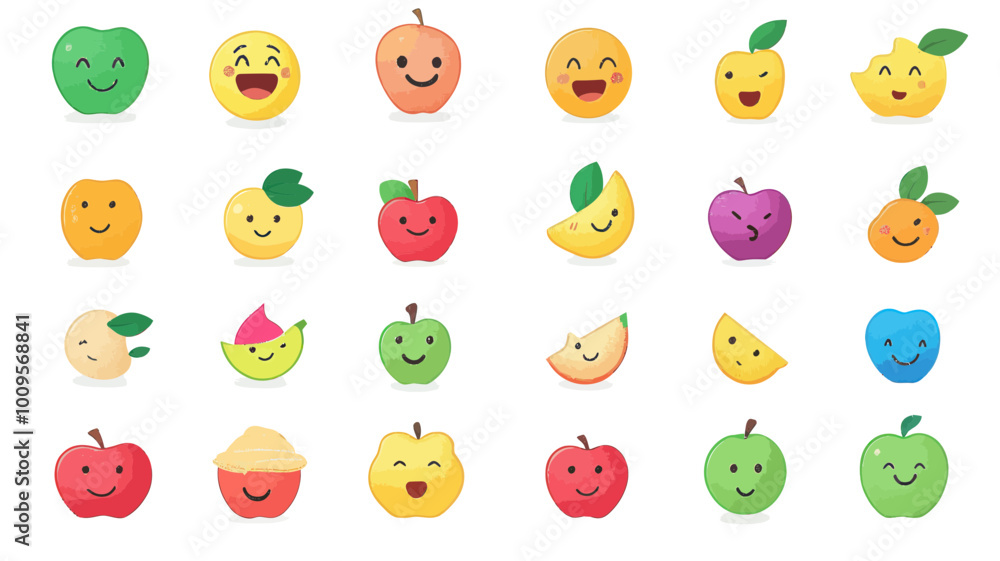 Poster new emojis editable vector file - fresh and fun fruit emojis with smiling faces for messaging and de