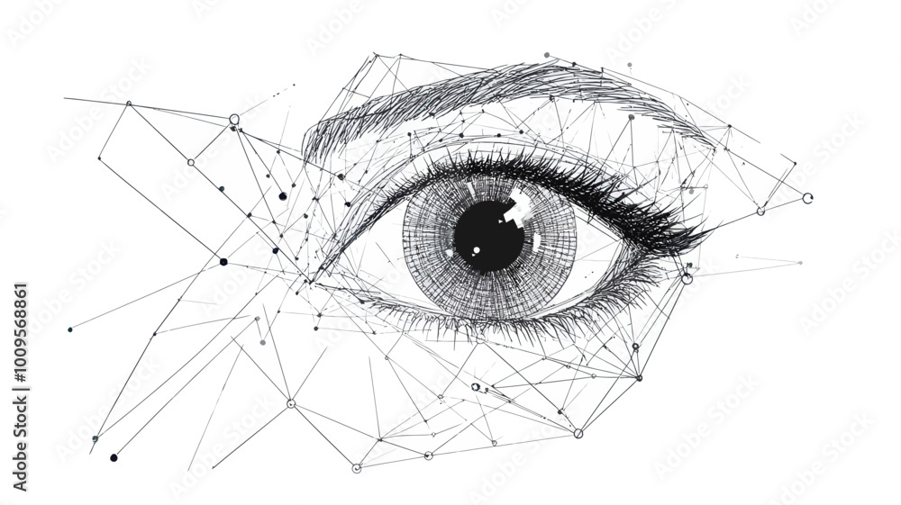 Poster low poly wireframe eye vector illustration with abstract geometric mesh and digital structure, minim