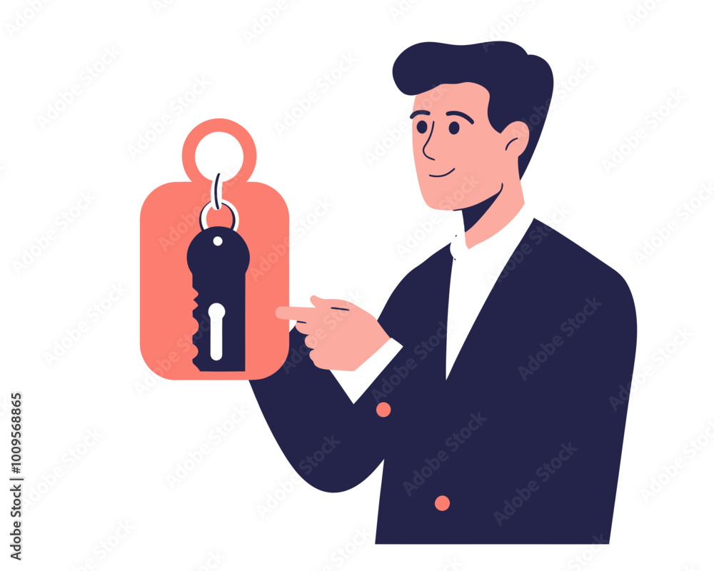 Poster businessman holding key with lock pad for strong password cyber security and online data privacy aut