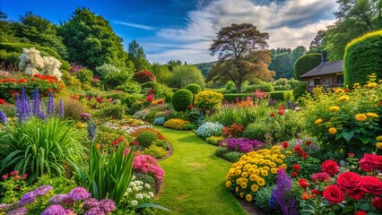 Vibrant Garden Spicket Surrounded by Lush Greenery and Colorful Flowers in a Serene Outdoor Setting