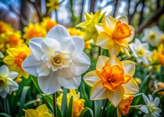 Vibrant Gardenia and Daffodil Blooms in a Lush Garden Setting, Capturing Nature's Beauty and Serenity
