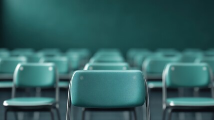 Obraz premium Ordered classroom chairs in rows with a central focus on a single chair, representing education and discipline in a minimalistic environment ready for students.